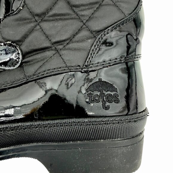 TOTES CLAUDIA BLACK QUILTED & SHINY LACE UP WINTER SNOW BOOTS W/ FAUX FUR 7 - Picture 6 of 9